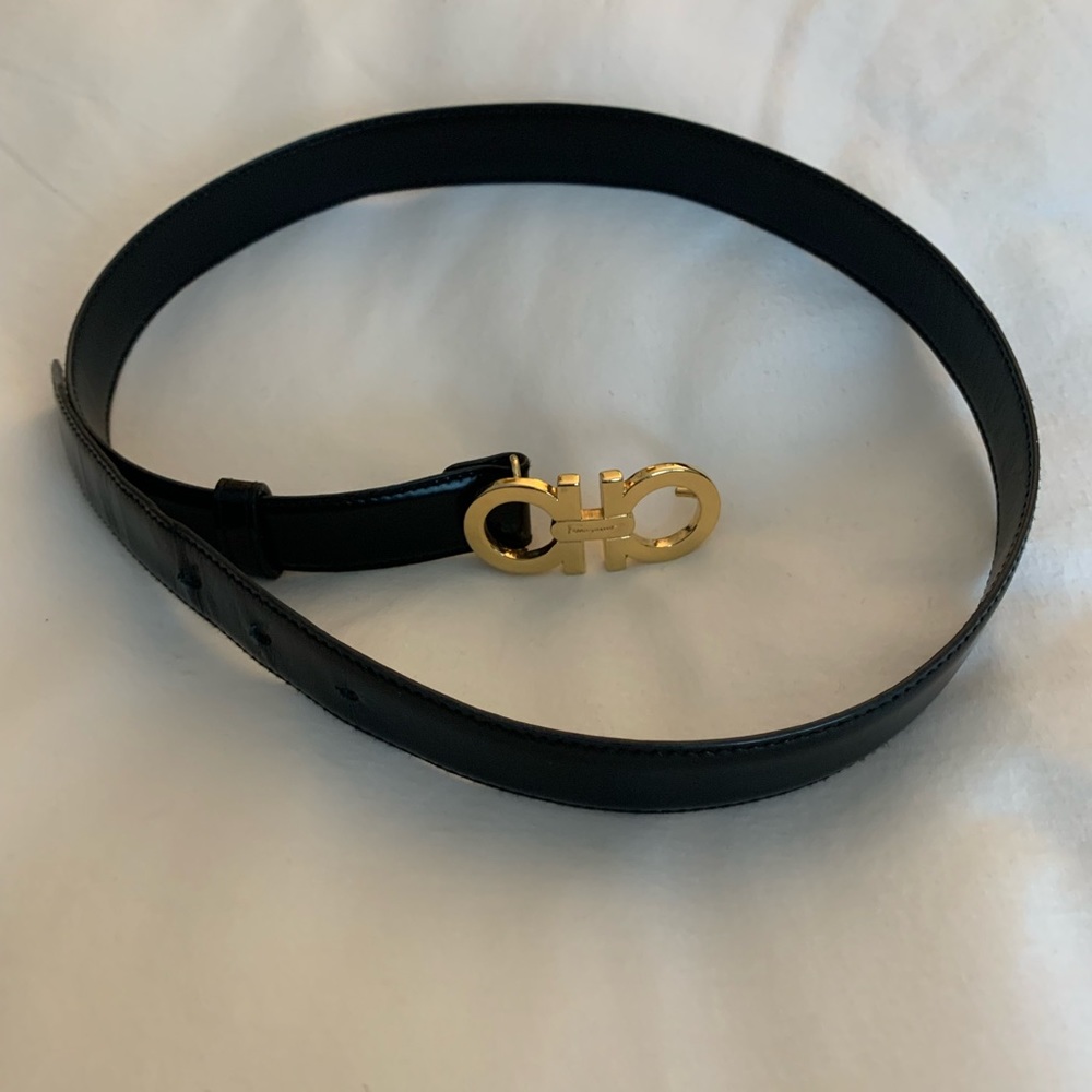 Salvatore Ferragamo Gancini Black Leather Belt with Gold Buckle